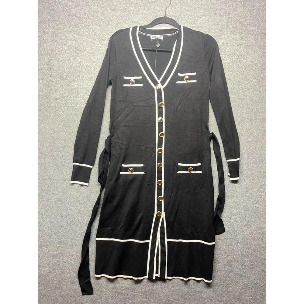 Kathy Ireland Women's Black Long Cardigan Sweater Dress S Belted Gold Button